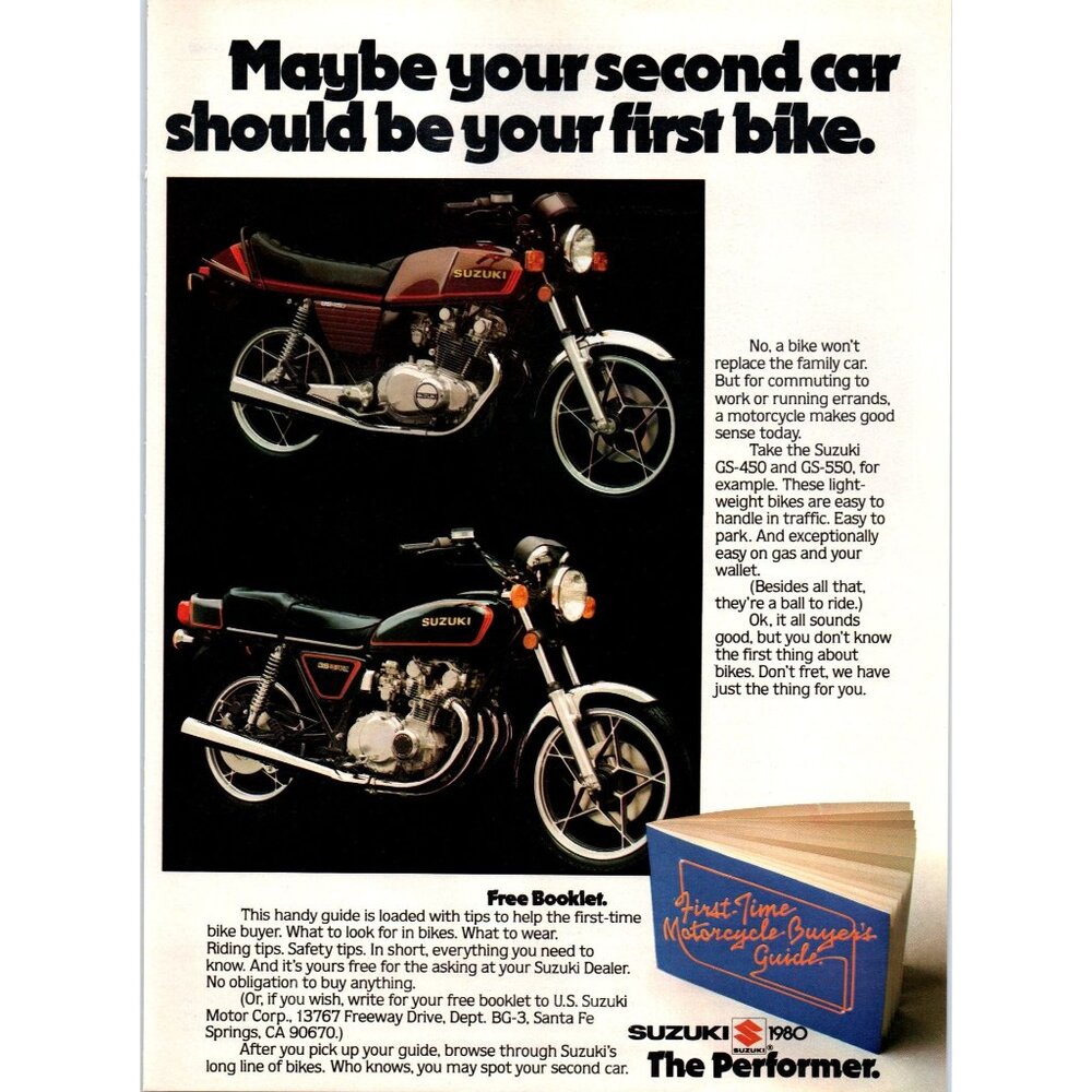 1980 Suzuki GS-450 and GS-550 Motorcycle Vintage Print Ad Performer Wall Art